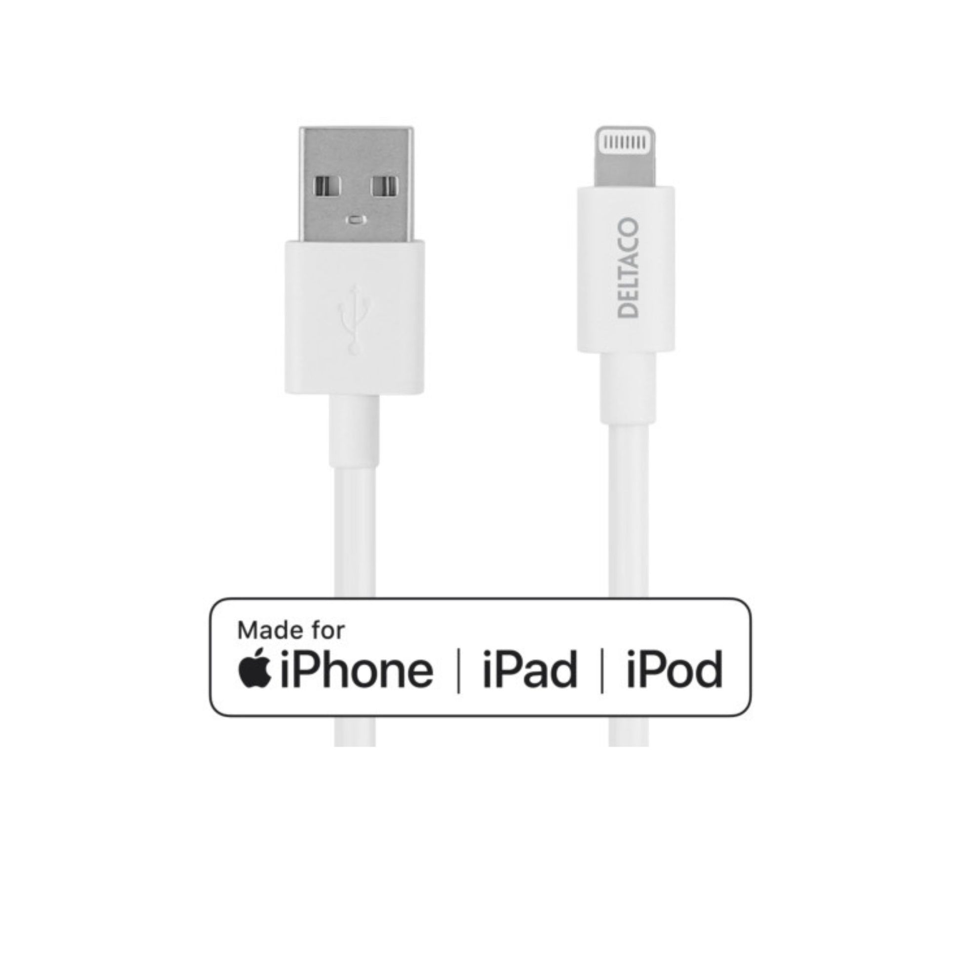 Deltaco USB-A til lightning ladekabel til iPhone og iPad Hvit
