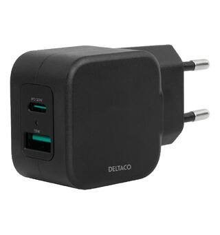 Dobbel USB vegglader sort USB-A &amp; USB-C Power Delivery 20 W