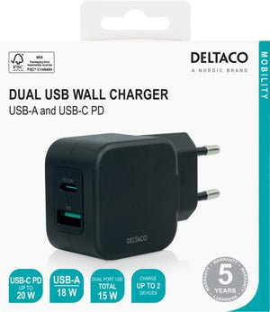 Deltaco dobbel USB vegglader sort